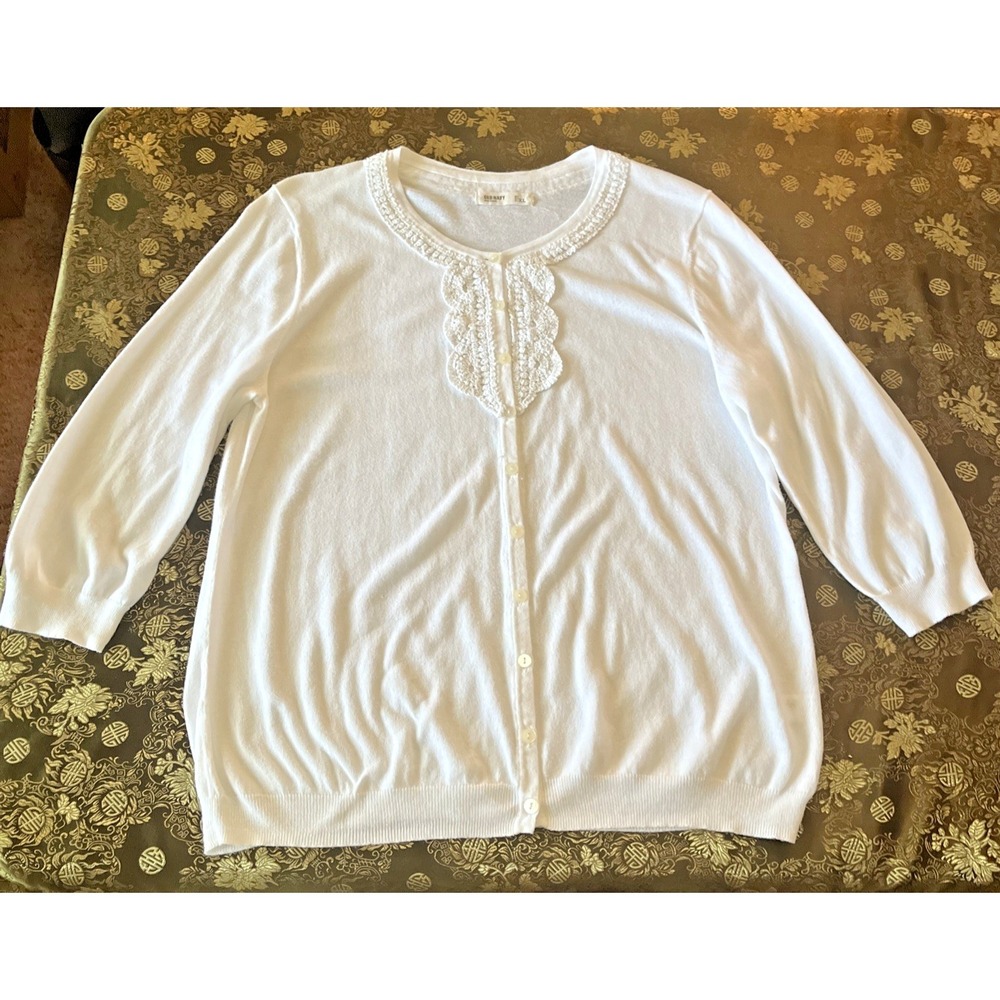 Old Navy White Cotton Button‑Front 3/4 Sleeve Cardigan Crochet Lace Women's XL